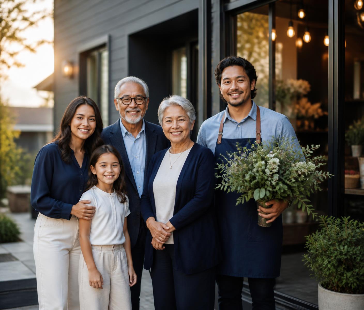 A family and a small business owner outside their home and storefront